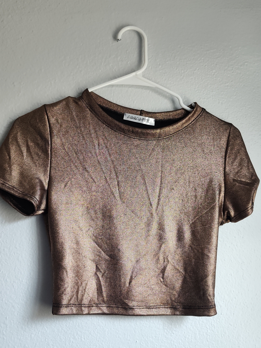 Amante Metallic Bronze Crop Tee - Short Sleeve Women's Top Size S